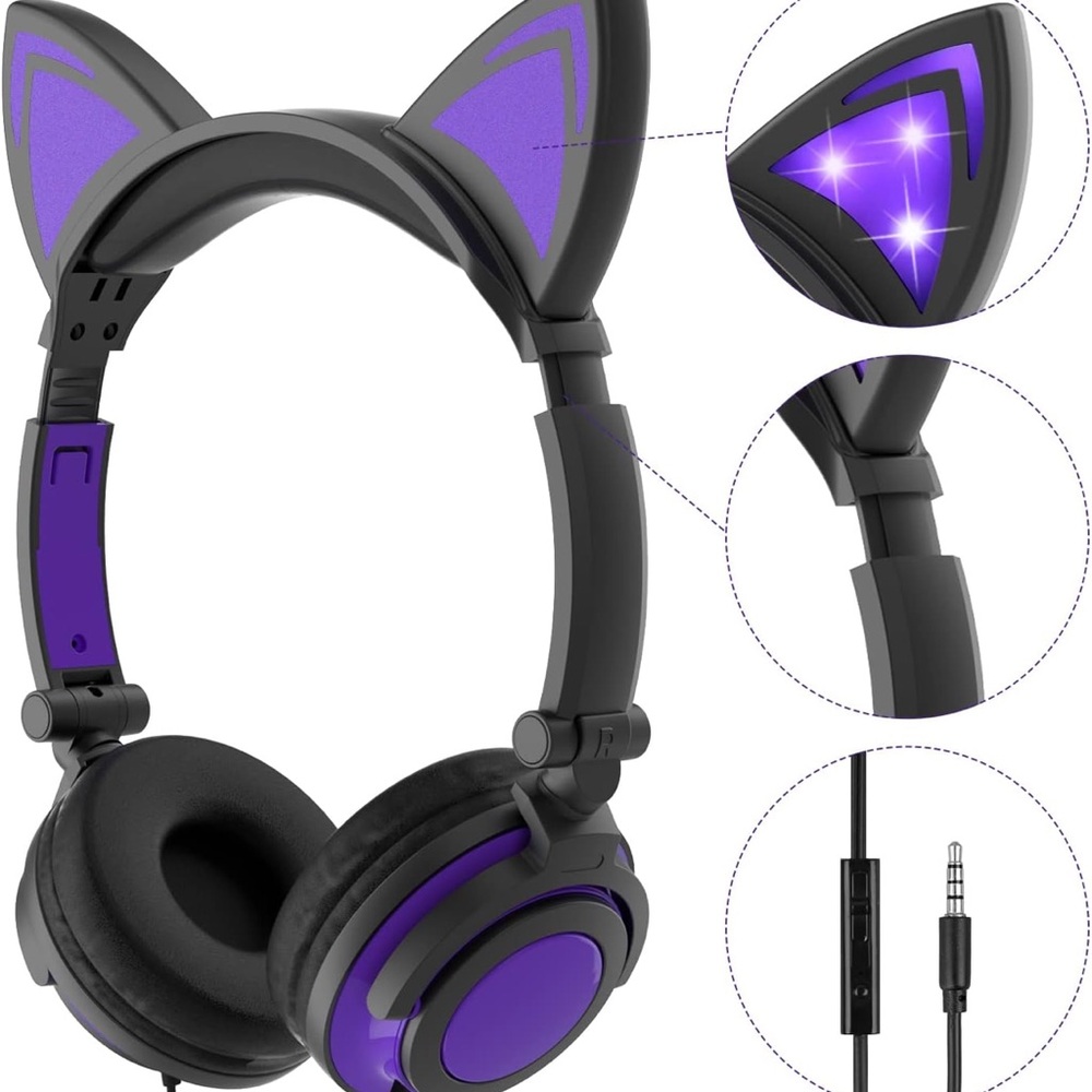 Olyre Kids Cat Ear Headphones with Illuminated LED Ears-Wired